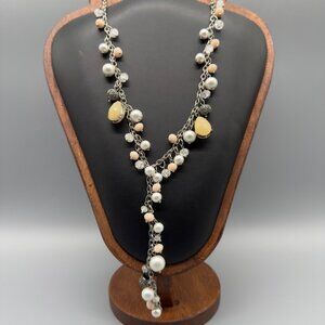 Layered Statement Long Lariat Necklace Faux Pearls Beads Silver Tone 40 in Long